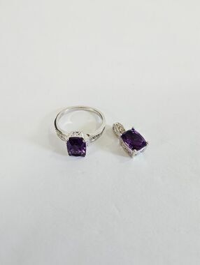 Vintage D'Joy Sterling Silver African Amethyst White Zircon 5ct Ring Pendant Set